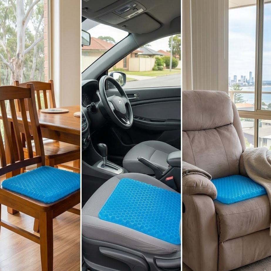 Blue seat cushion on a wooden chair, car seat, and recliner chair.