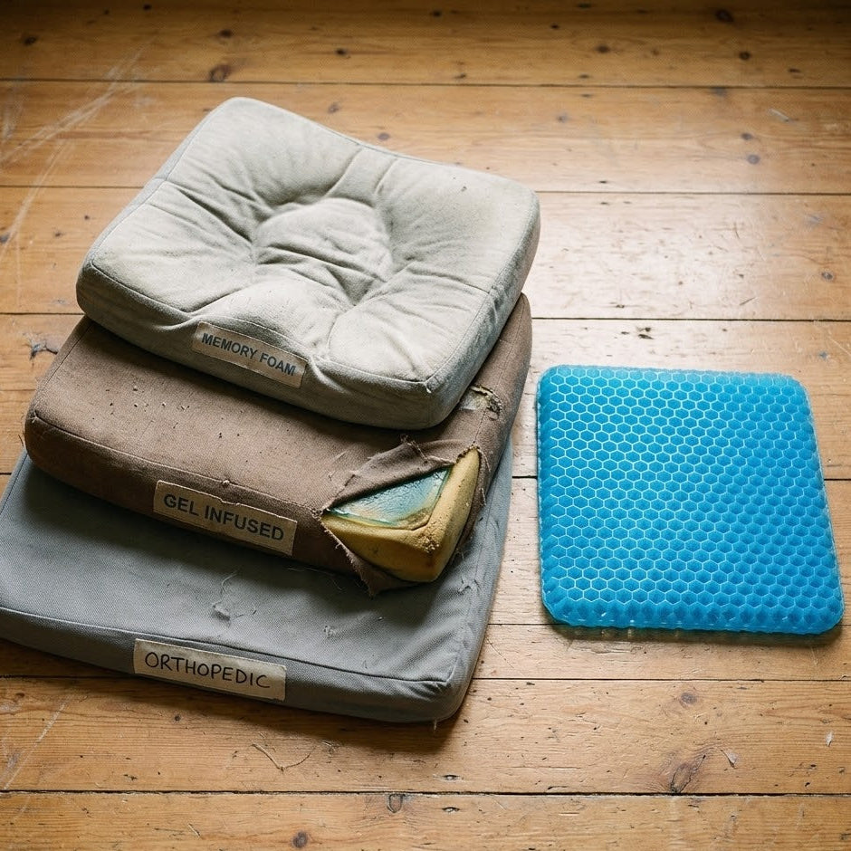 Three different types of cushions on a wooden floor: memory foam, gel infused, and orthopedic.