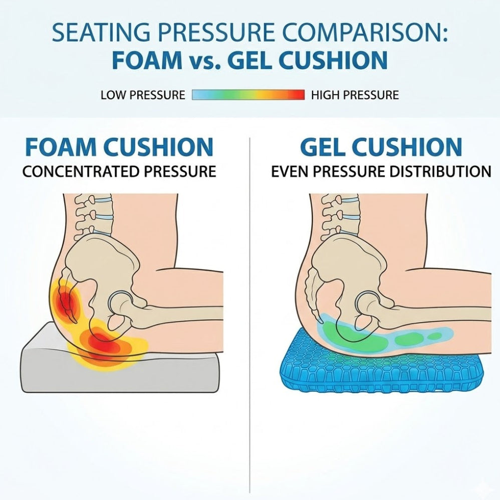 Comparison of foam and gel cushion pressure distribution on a seated person's knee.